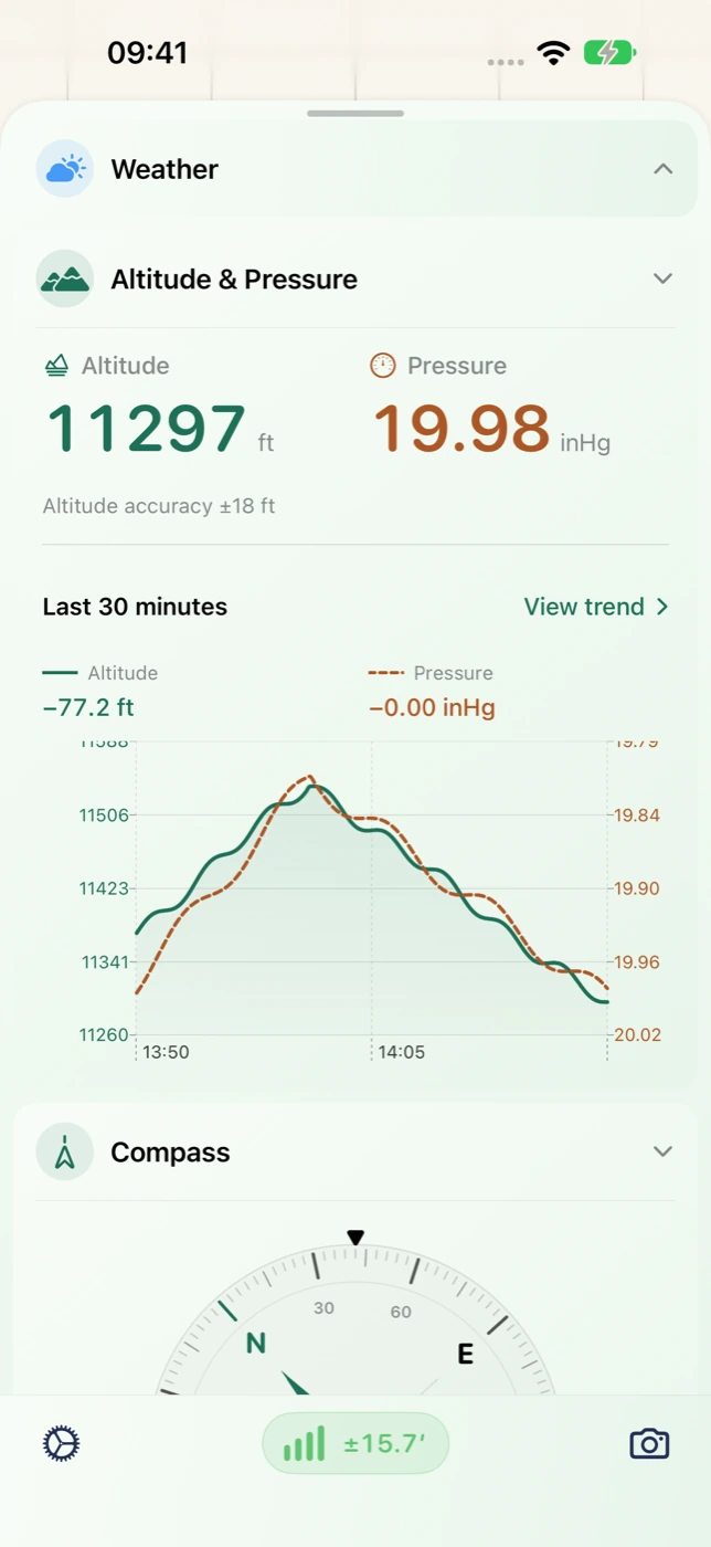 Sensnap altitude and pressure readings, trend chart and compass.