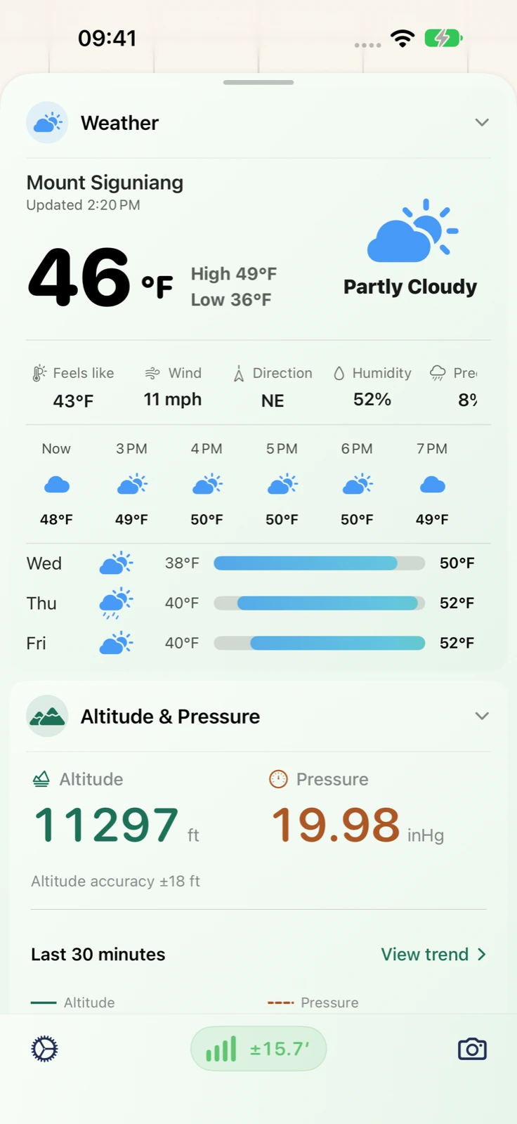Sensnap on iPhone showing weather, altitude, and barometric pressure in English.