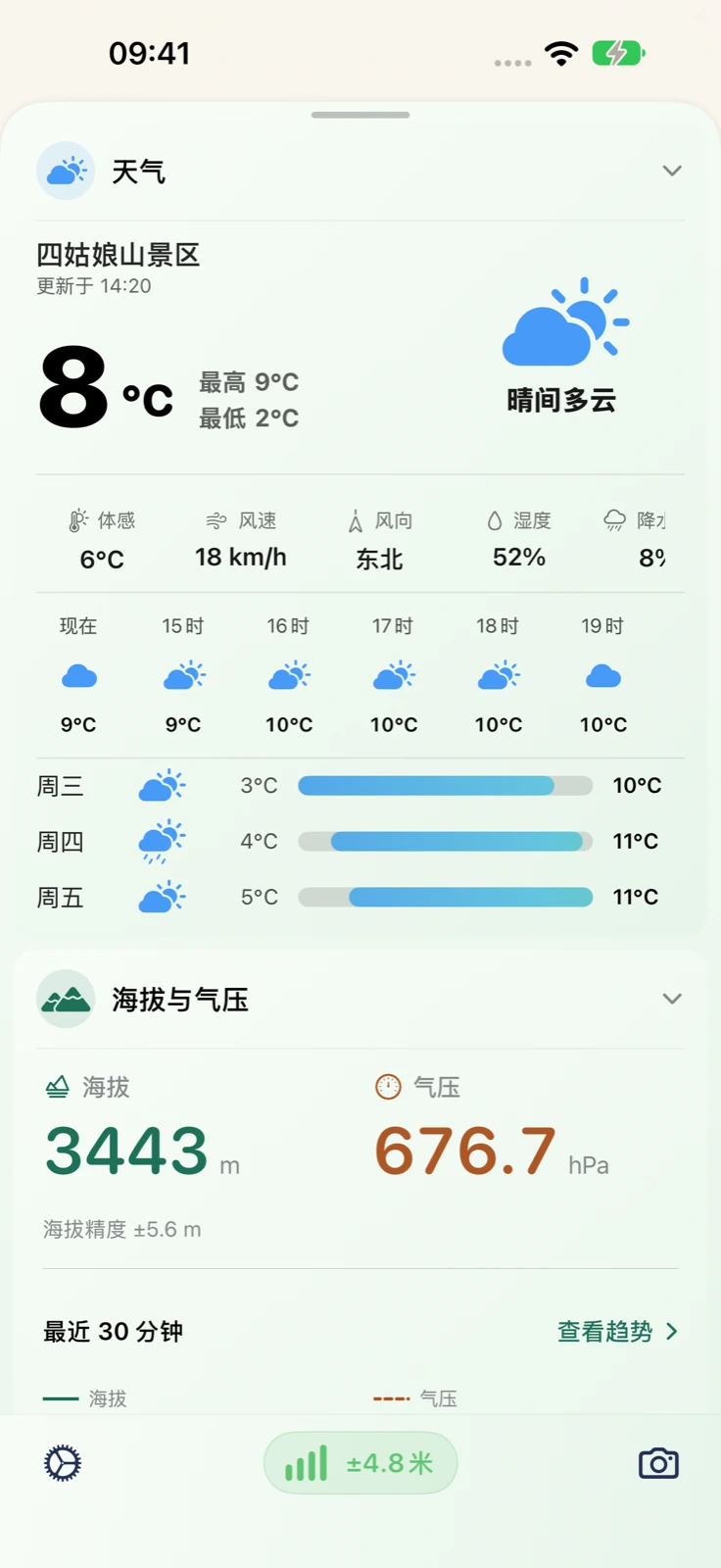 Sensnap 的 iPhone 简体中文界面，展示天气、海拔与气压读数。