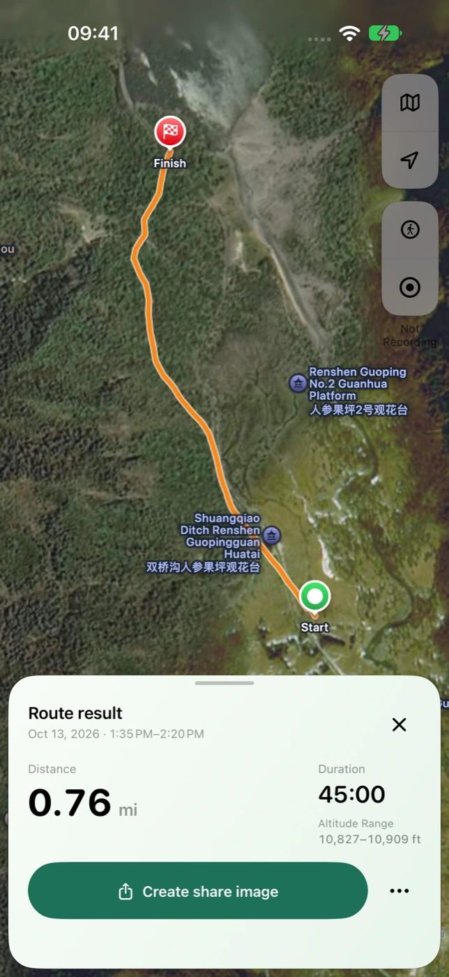 The actual Sensnap trip result showing an orange route, distance, duration and map image sharing.