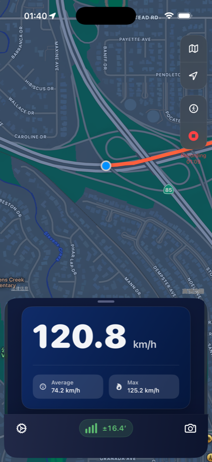 Sensnap live speed and map screen