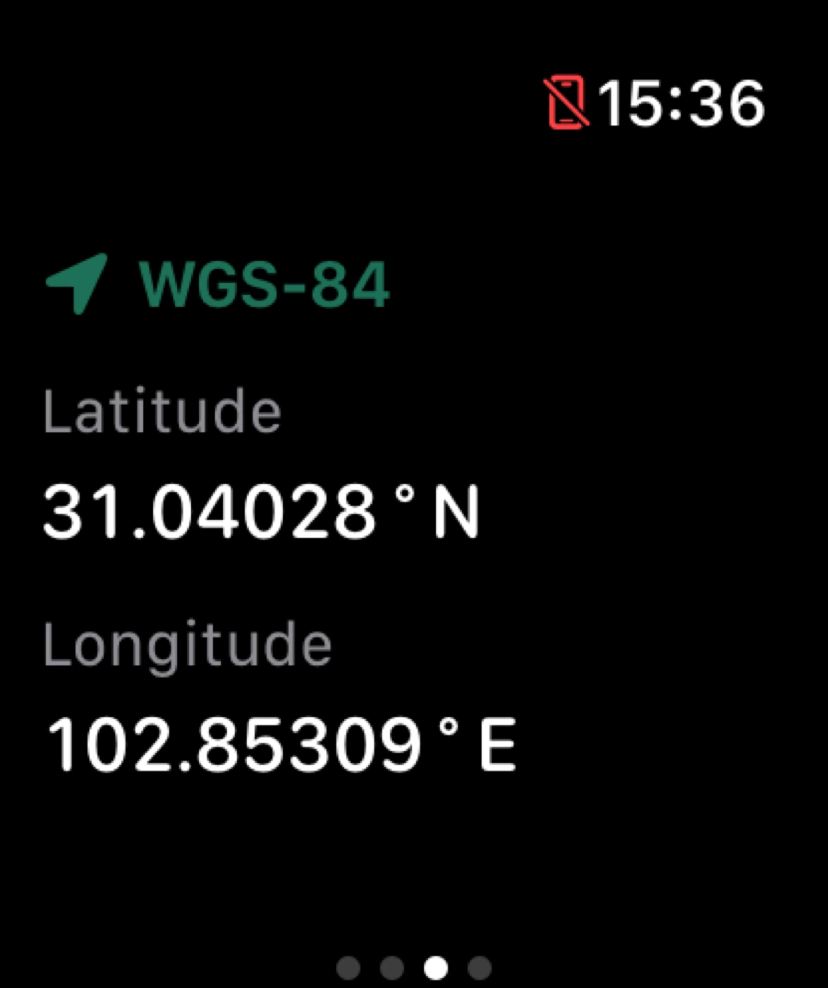 The Sensnap Apple Watch position screen with latitude and longitude readings.